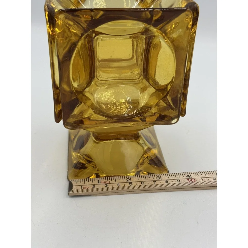 VTG Amber Glass Vase Heavy Square Cube Retro MCM Candle Holder Planter Retro